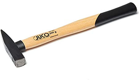 Juco Kleiner Schlosserhammer 200g nach DIN 1041 Norm, Hammer mit Holzgriff, Geschmiedetes Werkstatt-Zubehör, Ofenlackiertes Werkzeug für Profis und Hobbybastler, mit Leichtem Griff aus Eschenholz
