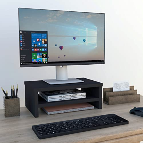 Henor Soporte Monitor de Madera con Estante Intermedio 42 x 26.5 x 16 cm. Soporta 50 Kg. Grafito