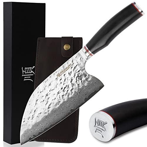 YOUSUNLONG Cuchilla híbrida - 206mm- Cuchilla de carne - Cuchillo de chef serbio para exteriores - Acero de Damasco japonés - Mango de ébano natural con cuero
