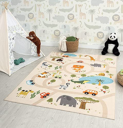 the carpet Happy Life – Kinderteppich Spielteppich mit Straßen‑Motiv, Dschungel, Tiere & Autos, rutschfest & pflegeleicht, ideal fürs Kinderzimmer, Beige, 100 x 200 cm