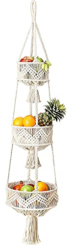 ZOYIEP Frutero colgante de 3 pisos para la cocina, almacenamiento de frutas y verduras, cesta colgante bohemia de pared, 100 cm de largo