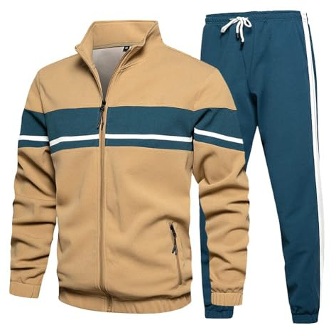 LBL Leading the Better Life Mens Track Suits 2 Piece Outfit Casual Color Block Sports Jogging Sweatsuit Set Khaki L