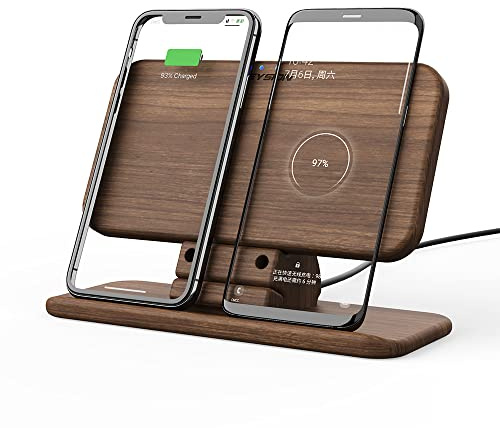 KEYSION Kompatibles 7,5 W kabelloses Ladegerät aus Walnuss mit Holzhalterung für iPhone 15 14 13 12 Pro Max, 10 W Schnellladung für Galaxy S24 Ultra S23 S22 Note 20, Xiaomi