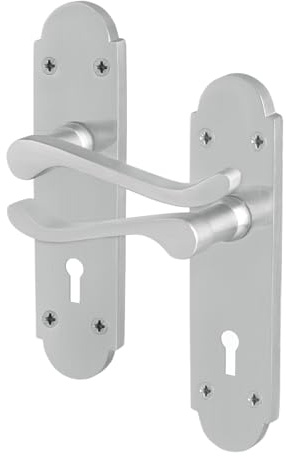 EAI Satin Door Handles Lock Set, 1 Pair of Internal Satin Chrome Victorian Scroll Shaped Backplate Handle