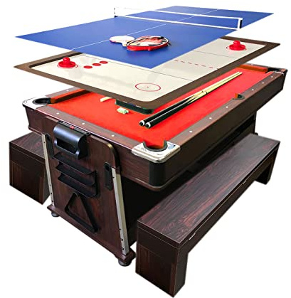 Mesa de Billar Convertible Multijuegos 7ft Mattew Rojo con Bancos Billar Air Hockey Mesa de Ping Pong y Plan de Cobertura