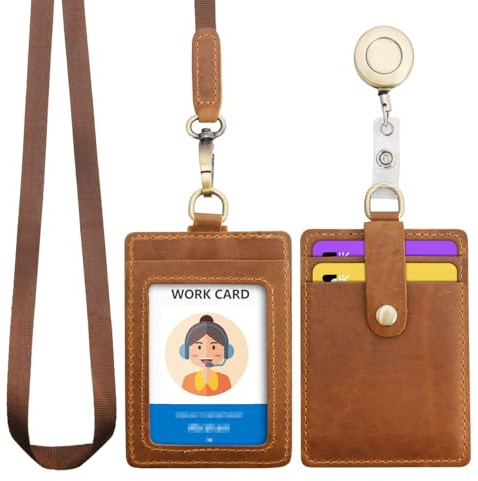 Wonderpool Cuero Colgantes Tarjetas identificación Tarjetero Estuche con Correa Cuello Lanyard Llavero Extensible Retractil Para Moneda Llave&Oficina Escuela Hospital Exposición ID (Marrón)