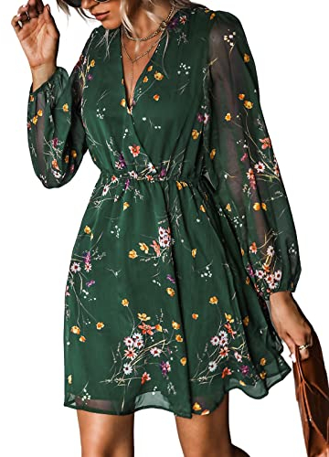 CUPSHE Women's Floral Print Chiffon A-Line Mini Dress Long Peasant Sleeves Elastic Autumn Dress Green M