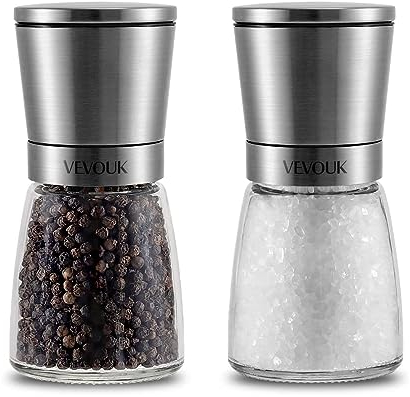 Vevok Chef Salt and Pepper Grinder Set Stainless Steel, Easy Adjustable Coarseness Ceramic Core, Refillable Manual Spice Mill with Glass Bottle Container, Pepper Salt Shaker
