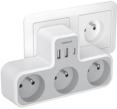 TESSAN Multiprise Murale Française 3 Sortie AC et 3 Ports USB, 6 en 1 Prise Chargeur Française, Adaptateur Secteur 4000W, Convient pour la Maison, Bureau, Compatible avec Phone, Portable