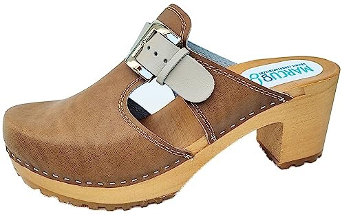 Moderne High Heels Holz Clogs Holz Pantolette Gr.35-36-37-38-39-40-41*Schnalle* Glattleder Cappuccino, Panther usw (Cappuccino, EU_37)