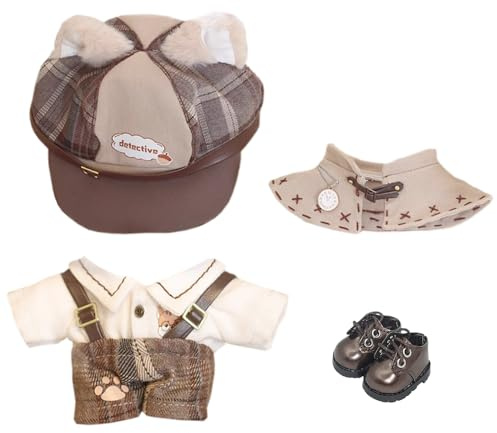 niannyyhouse Puppenkleidung, 10 cm, 15 cm, 20 cm, brauner Hut, Hemd, Riemen, Hose, Schal, Weste, Lederschuhe, Vintage-Detektiv-Anzug, weiches Plüschtier