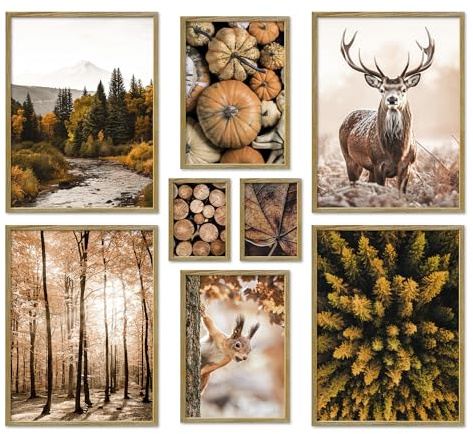 ARTFAVES® Poster Set - AUTUMN FOREST - mehrteilige Wanddeko Wohnzimmer & Schlafzimmer - 8 moderne Wandbilder Herbst, Wald, orange, braun - mit Rahmen Eiche-Optik