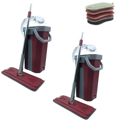 Venteo - Lot de 2 Balai ESSOREUR + 5 éponges Double-Face Offerte - Balai Extra Large et tête pivotante 360° - Seau à 2 Compartiments Nettoyage et Essorage