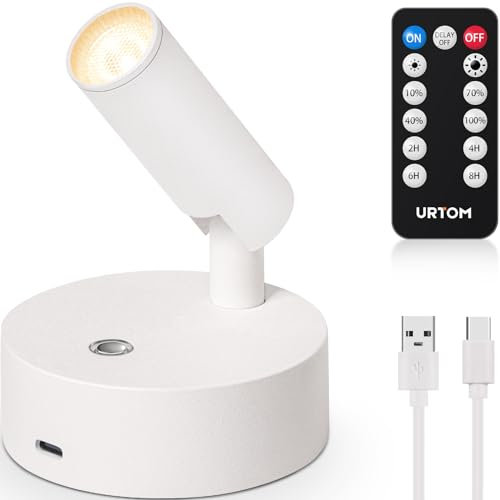 URTOM Wireless LED Spotlight Indoor With Remote, Dimmable Picture Light, Battery Operated With Timer, Rechargeable Accent Uplighting for Plant Wall Art, 1 Pack White