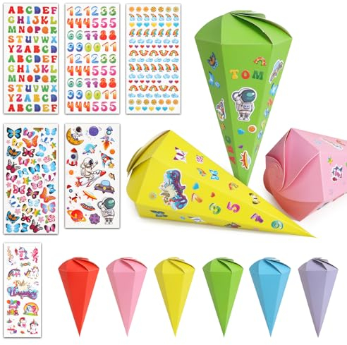 BOOMTOP 6pcs Geschwisterschultüte 26cm Schultüte Klein Rohling Faltbare Zuckertüte Schultüte Aufkleber Bastelset Geschwistertüte zur Einschulung mit 6 Einhorn Astronaut Sticker für Jungen Mädchen