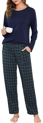 Lovasy Pigiama Donna Cotone Invernale Set Pigiama Due Pezzi | Pantaloni a Quadri Casual Scollo a Rotondo Top Indumenti da Notte a Maniche Lunghe