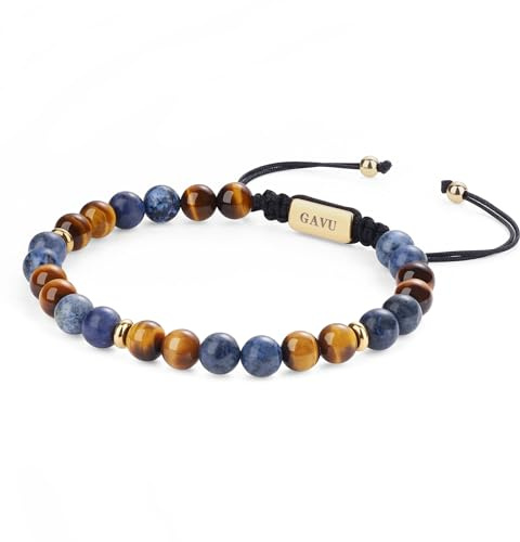 GAVU Bracciale Occhio di Tigre da Uomo, Bracciale da Uomo in Pietre Naturali con Perline di Dumortierite e Chiusura Regolabile M-17cm