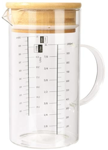 Aevcvok Vaso Medidor Cocina 1L, Jarra Medidora de Vidrio Graduada 1000ml,Taza Medidora con Asa,Bote Cristal con Tapa Escala Precisa,Vaso Batidora Cristal para Medir Ingredientes de Repostería