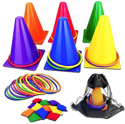 CEMIRK 3 in 1 Outdoor Games Set - Kids Bean Bag Toss, Garden Games Set, Outdoor Toys for Toddlers Age 3-5, Includes 6 Traffic Cones, 12 Colorful Rings, 12 Bean Bags & Storage Bag