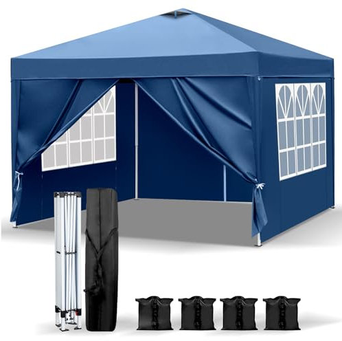 LEADZM Pavillon 3x3m,Pop-up Faltpavillon,Stabil,Wasserdicht, Winddicht,Höhenverstellbar,Entlüftung,UV Schutz 50+,mit 4 Seitenteilen und 4 Sandsäcke,Blau