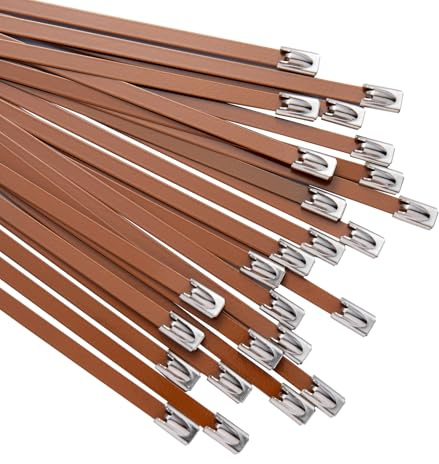 OFFO Collier de Serrage Inox 100 Pièces,Collier de Serrage Métallique 400 mm,Serre Cable Marron,Résistantes aux UV,Zip Ties en Acier pour la Gestion des Câbles