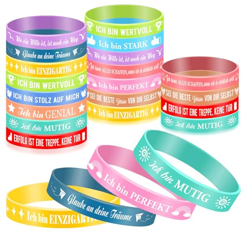 HOWAF 24 Motivationsarmbänder Kinder, Inspirierende Silikon Armband auf Deutsch, Silikonarmband mit Positiven Sprüchen, Mutmacher Geschenk Positive Geschenke für Kollegen, Abschiedsgeschenk Kinder