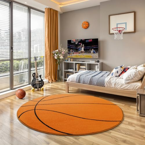 the carpet Beat Kids Weicher Kuscheliger Kinderteppich, Spielteppich, Weicher Kuschel-Flor, Pflegeleicht, Farbecht, Basketball Motiv, Orange, 120 cm Rund