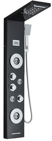 Hevenaov Panel de ducha LED multifuncional negro de acero inoxidable con 5 funciones de ducha, cascada, ducha de mano, para ducha de baño
