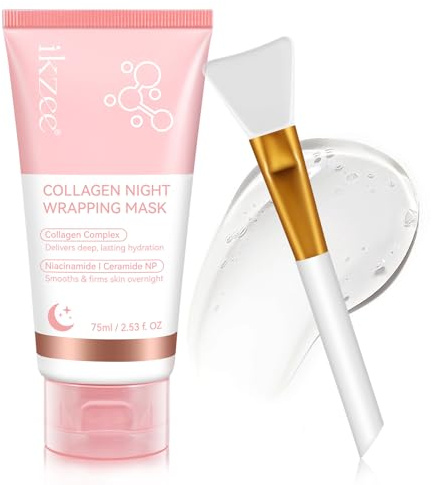 Collagen Night Wrapping Mask, Collagen Face Mask Overnight, Facial Overnight Sleeping Mask - Deep Hydration, Reduces Wrinkle and Improves Skin Elasticity (Brush Included), 75ml
