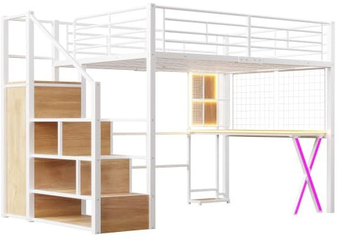 Generisch Hochbett, 140 * 200cm, fernbedienbares Ambientelicht, Ablageleiter, Schreibtisch, Kleiderschrank, Regale, ohne Matratze, Weiß