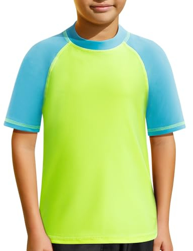MASOCIO Camiseta Proteccion Solar Niño UV UPF 50+ Camiseta Baño de Manga Corta Traje Camiseta Agua Surf Niño Secado Rapido para Natacion Piscina Playa 7-8 Años Verde Azul