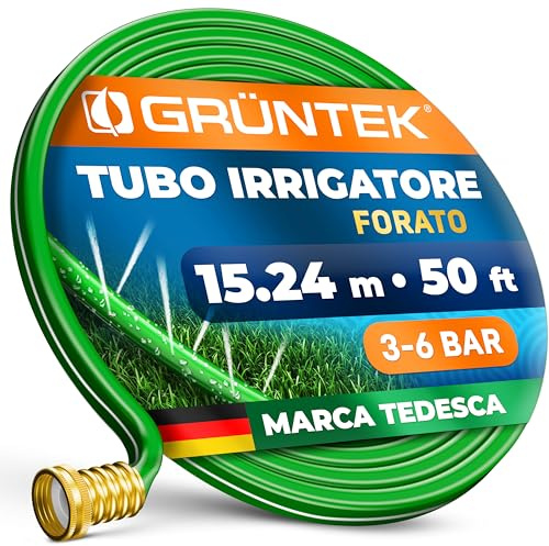 GRÜNTEK Schlauch-Regner, Sprühschlauch, Rasensprenger Gartenschlauch 50 Fuß / 15,24 m, 4-5 qm/m Beregnungsfläche, Bewässerungsschlauch, Sprühregner, Schnellanschluss, Messing Verbindungsstück