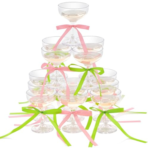 Maxdot 40 Pcs A Tini Bit Older Party Supplies 20 5 oz Espresso Martini Glasses Acrylic Coupe Glasses Champagne Tower 20 Bows for Espresso Martini Birthday Bachelorette Party Decorations (Pink, Green)