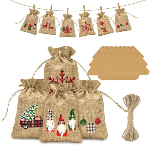 jijAcraft 24Pcs Advent Calendar Bags: 13x18cm Christmas Burlap Bags Xmas Hessian Drawstring Sacks Christmas Burlap Gift Bag for Advent Calandar Xmas Party Decoration