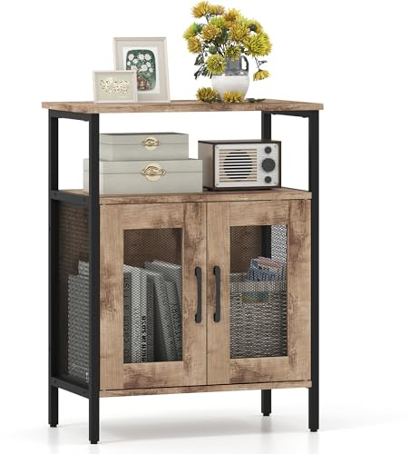 GIANTEX Meuble de Bar à Vin, Buffet Industriel, Porte-Bouteilles, Porte-Verres à vin Amovible, Meuble de Rangement, Porte en Métal Grillagé, Idéal pour Salon, Cuisine, Salle à Manger (Gris Chêne)