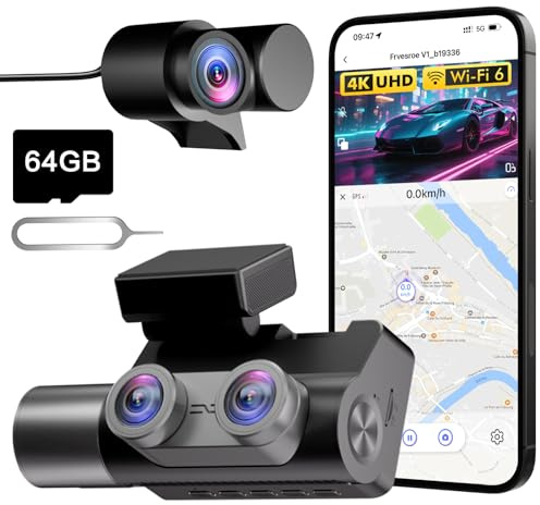 Frvesroe dashcam Voiture 3 canaux, 4K UHD 170° (Avant) + Full HD(arrière/intérieur), Parking 24h, WiFi 6, GPS, Dash cam Vision Nocturne HDR/WDR, écran IPS 3 avec Carte 64 Go & Éjecteur De Carte(V1)