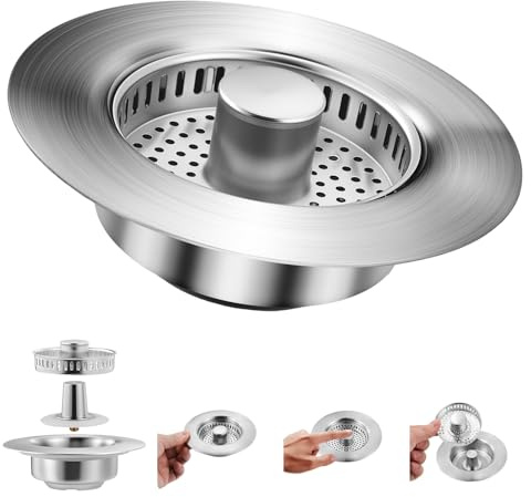 Holtrae Abflussstopfen und Abflusssieb Küchenspüle,3-in-1 Pop-Up Bodenablauf Filter Aus Edelstahl,Schutzvorrichtungen für die Küchenspüle,Spülbecken Bohrung 75-86mm,für Tiefe > 40 mm