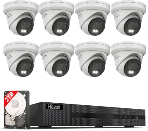 HiLook® by HIKVISION Überwachungskamera Set 8X 8MP 4K Turret PoE mit KI Personen und Fahrzeugerkennung und Hybrid Light Nachtsicht wetterfest IP67 NVR 8CH 2TB HDD App Steuerung Plug and Play