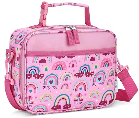 VASCHY Lunch Box Bag for Kids, Reusable Insulated Bento Box Containers Coolers for Toddler Grils with Detachable Shoulder Strap for Daycare School Pink Rainbows