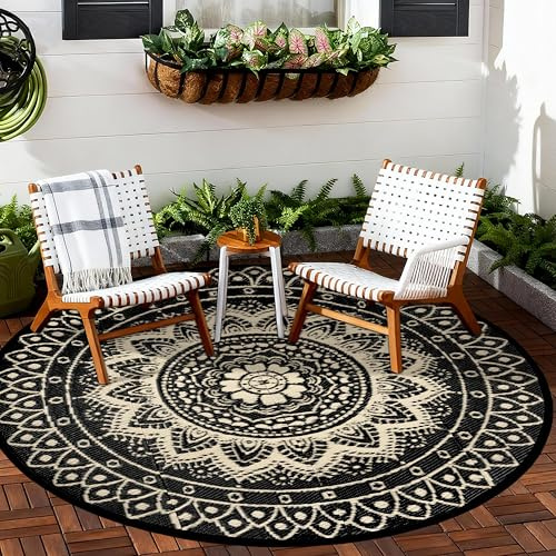 VSIWB Outdoor Teppich Rund Wetterfest Wendbarer Außenteppich Kunststoff Bodenmatte Terrassenteppich Picknickdecke UV-beständige Teppich für RV Camping BBQ Patio Deck Balkon Strand, 180cm Schwarz/Braun