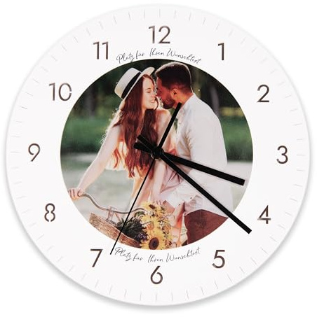 LAUBLUST Personalisierte Wanduhr aus Acryl - Uhr zur Wand mit Foto, weiß | Deko für Zuhause | Leise Wanduhr für Wohnzimmer, Schlafzimmer & Küche - Geschenk für Partner, Mama, Papa, Familie, Freunde