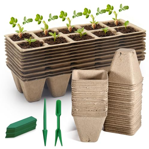KATLKIU Kit de siembra biodegradable – 10 bandejas de semillas sin agujero + 40 macetas con agujeros de drenaje, pulpa de papel compostable ecológica para semillas, verduras y flores