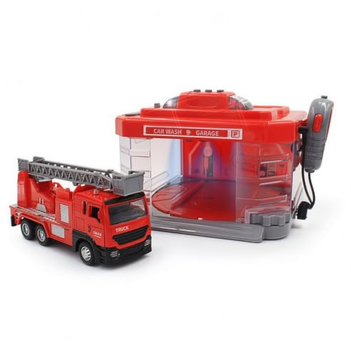 Milageto Station Lavage Jouet Lumineux Garage Jouet avec Voiture Pratique pour Enfants , Station De Pompiers avec Camion À Échelle