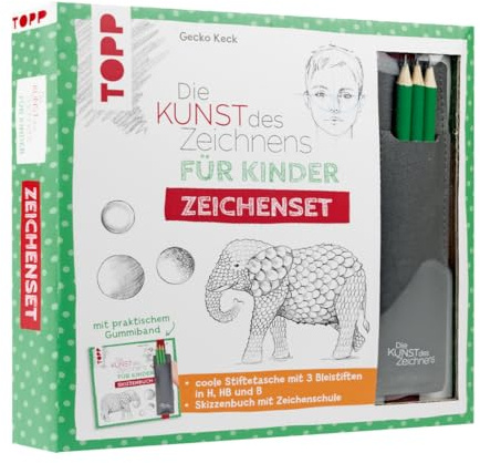 Die Kunst des Zeichnens für Kinder Zeichenset: Kinder-Zeichenschule mit Skizzenseiten und cooler Stiftetasche mit 3 Bleistiften. Mit praktischem Gummiband