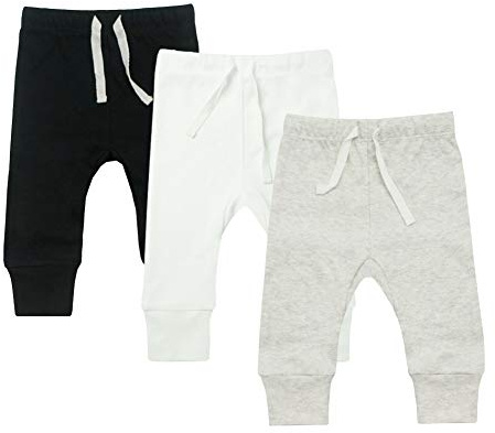 HonesBorn AIUI-HARNSBORN Baby Unisex 3-Pack Pants, Infant Boys Girls Cotton Tapered Ankle Pants(12-18 Months, Black/Off-White/Grey Melange)