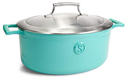 SAVEUR SELECTS 30cm / 6QT Enameled Cast Iron Oval Roaster- Stainless Steel Insulating Double-Walled Lid|Non Stick, Oven Safe 5.7L PFOA & PFAS-Free Cooking Pot Dutch Oven - Voyage Series -Saveur Blue