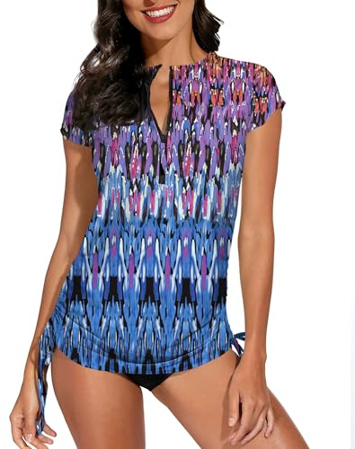 BesserBay Maglietta Rashguard da Donna UPF 50+ Protezione Solare Collo Alto Maniche Corte 1/4 Zip Top Nuoto S-XXL, XXL