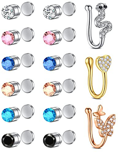 Rajnard 15 Piezas Falso Piercing Nariz Acero Quirúrgico con Corazón de Mariposa Serpiente Falsa Piercing para Helix Tragus Labio Labret Piercing Falso para Mujeres y Hombres