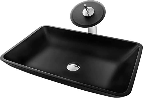 lavamanos sobre encimera Cuenco De Lavabo De Encimera Negro For Baño, Lavabo De Tocador De Vidrio Templado, Cuenco De Lavabo Con Combinación De Drenaje, Anillo De Montaje, Fregadero De Contenedor Domé