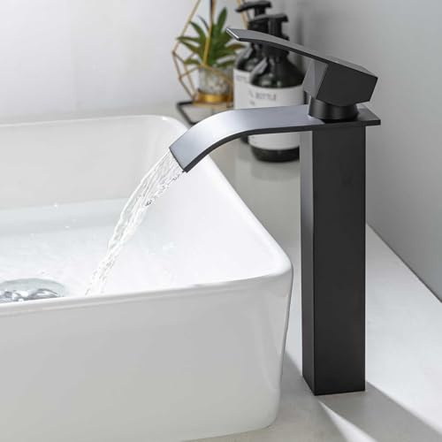 ONECE Hög Tvättställsblandare, Vattenfall Badrumskran, Vattenkran för Badrum Disk Handfat, Handfatskran i 304 Rostfritt Stål, Blandare Vattenfallsdesign, Engreppsblandare Varmt Och Kallt Vatten, Svart